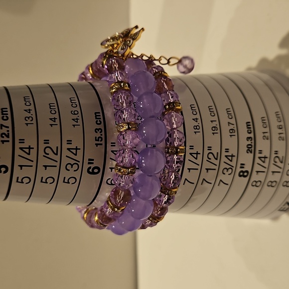 3 Purple Glass, Crystal & Rhinestone Beaded Stretch Bracelet Set with Charms - Picture 7 of 7